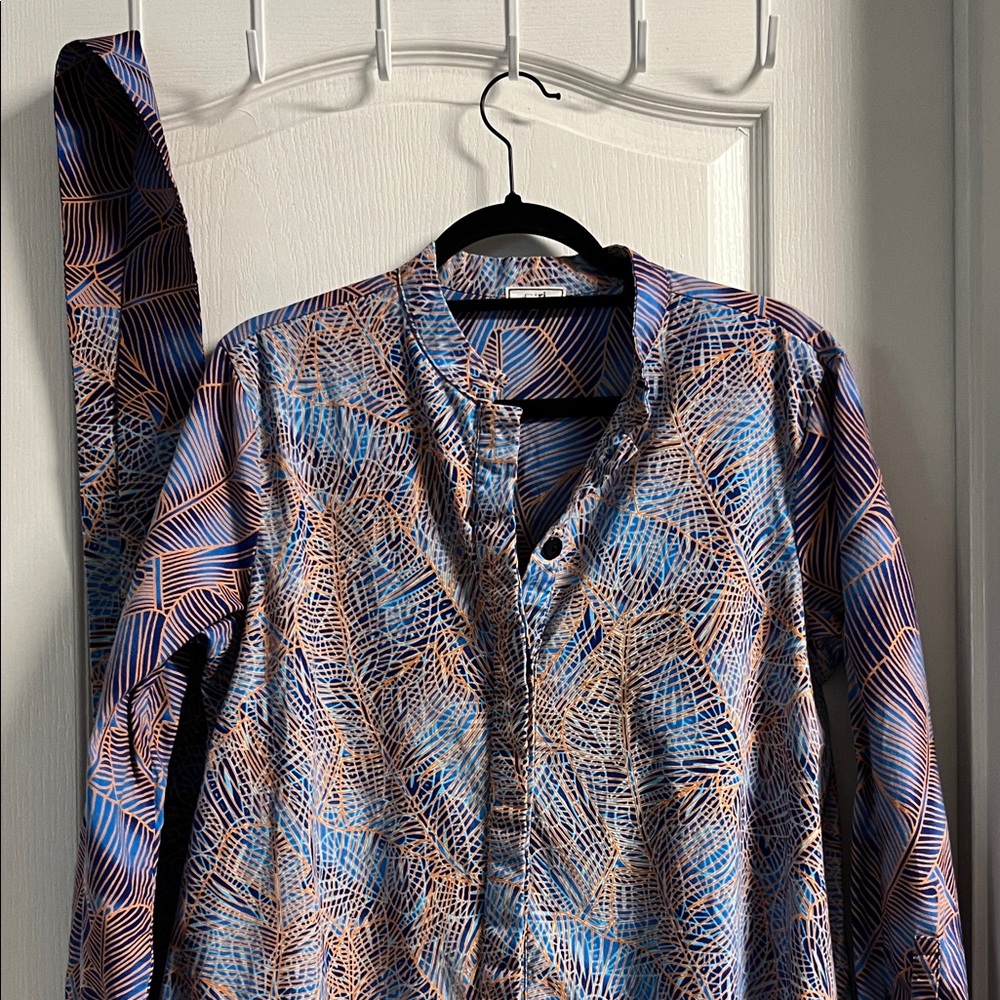 Samba- Women’s Blue and Peach Printed Button-Front Dress, Long Sleeved With Sash